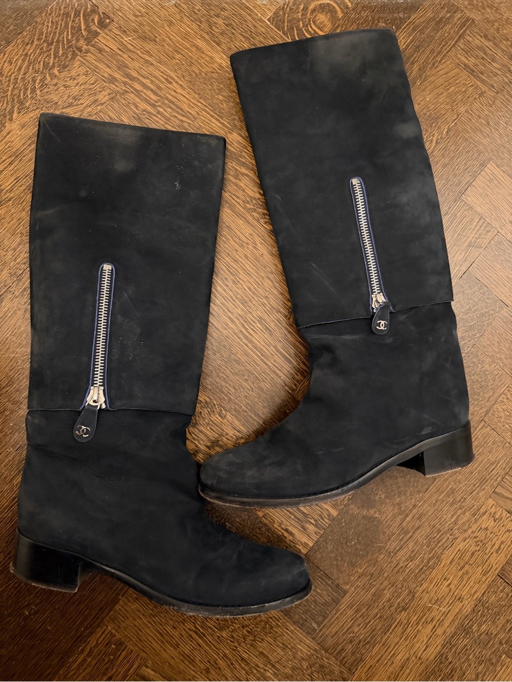 Black CHANEL suede knee high boots size 42